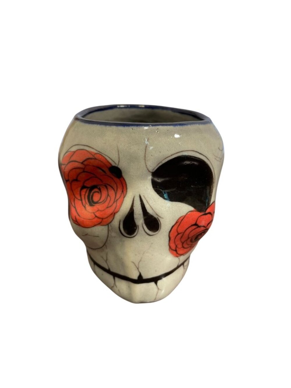 Vintage Guate Mayan-Ke Sugar Skull Mug Signed Guatemala Folk Art Pottery Rose